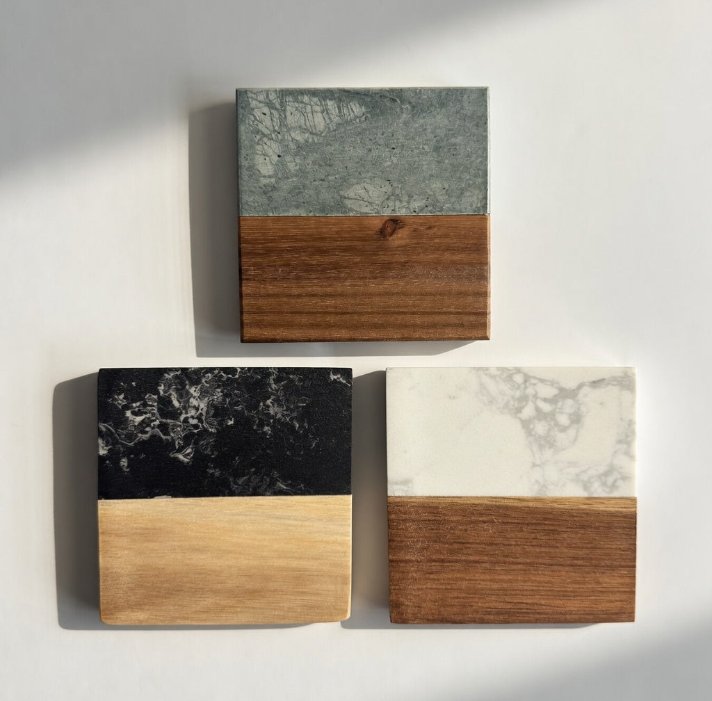 Host Engraved Marble & Wood Coaster Set