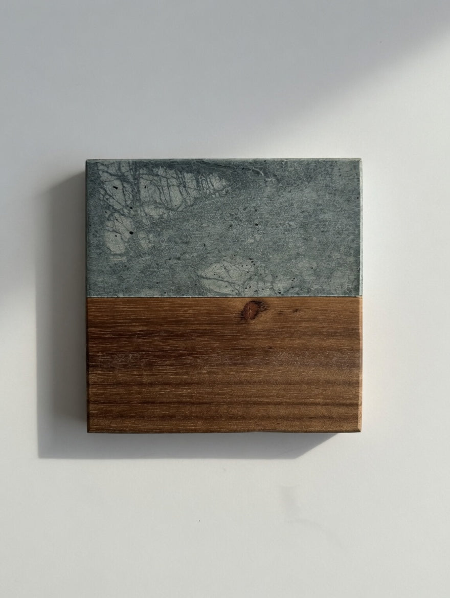 Green marble and wood coaster, ready for a custom engraved design