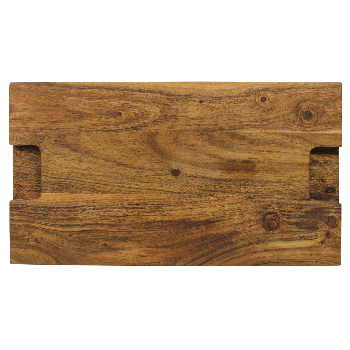 Underside of an acacia cutting board showing finger slots on each end for easy lifting