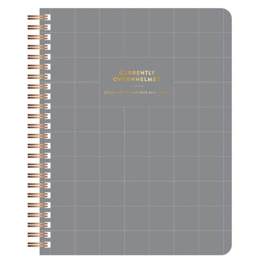 Gray grid spiral notebook with gold foil title, Currently Overwhelmed, front cover