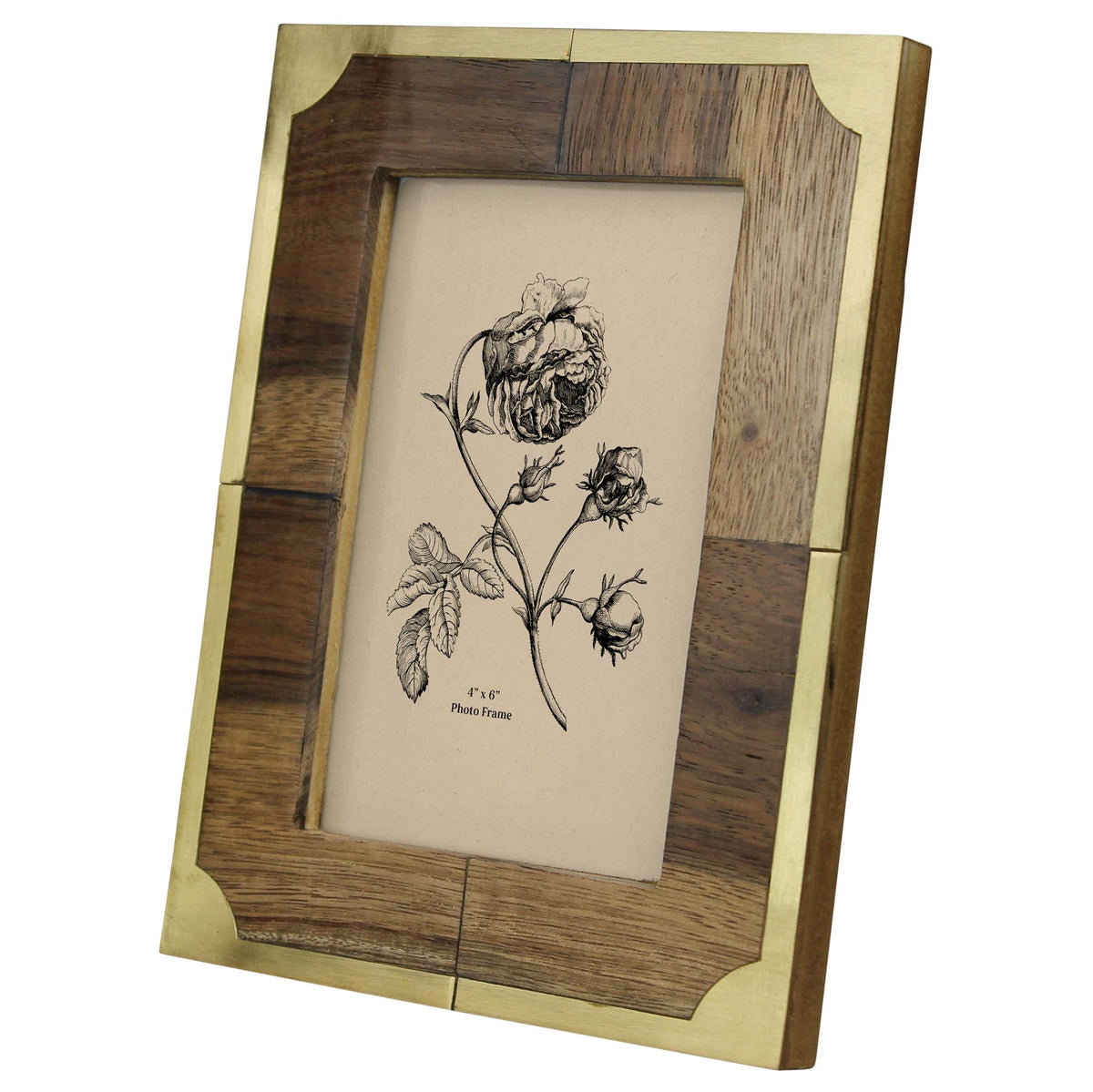 Teak and brass 4x6 photo frame standing at an angle