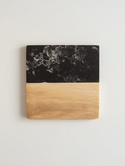Black marble and wood coaster, ready for a custom engraved design
