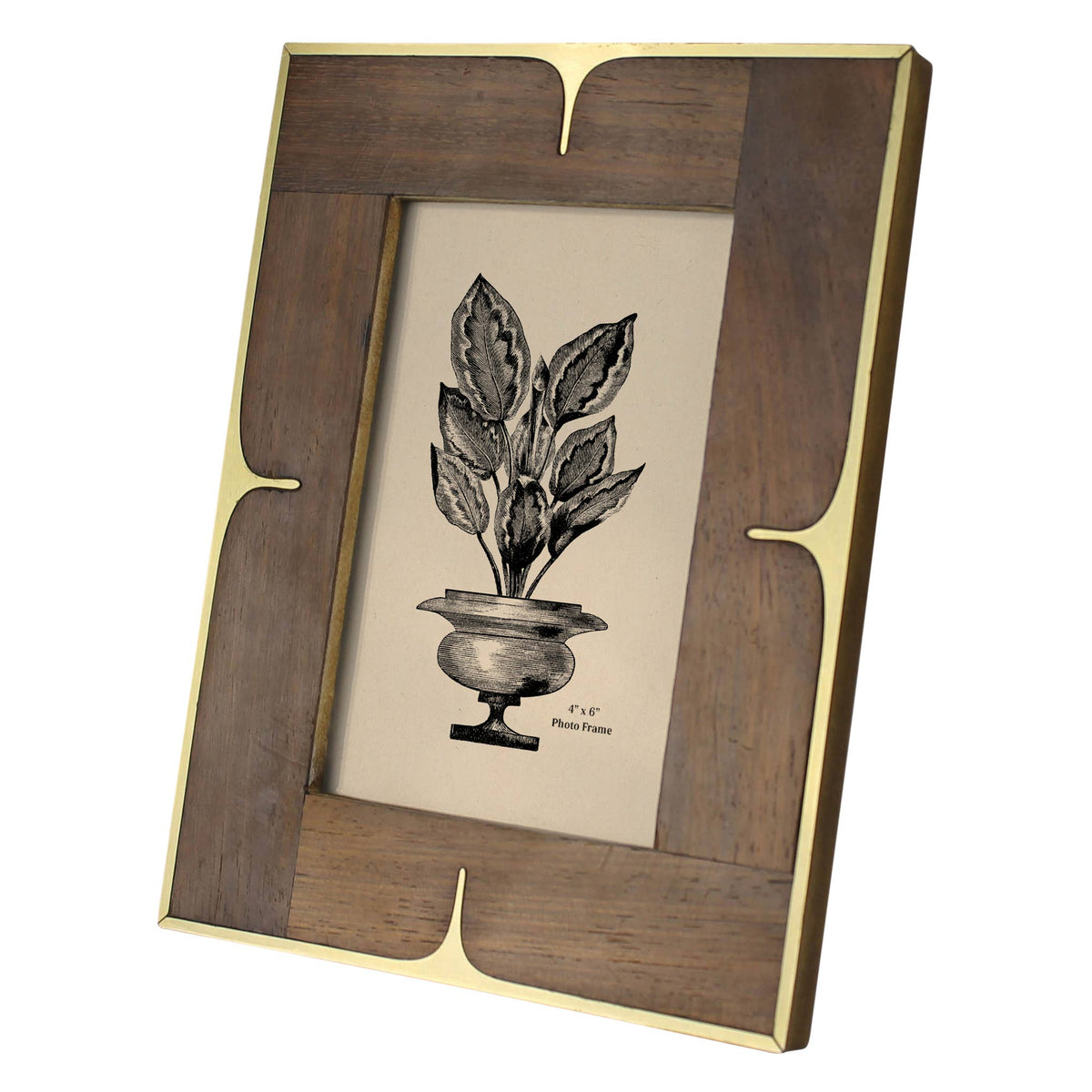 Wood and brass 4x6 photo frame standing at an angle
