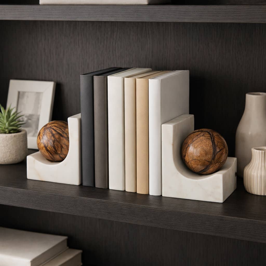 Marble sphere bookends styled on a dark bookshelf with books and decor