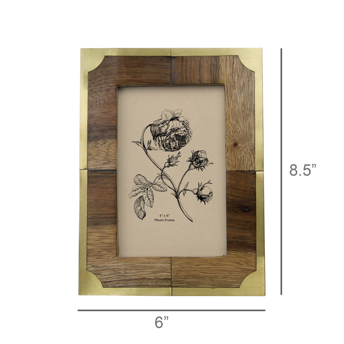 Teak and brass 4x6 photo frame shown with dimensions
