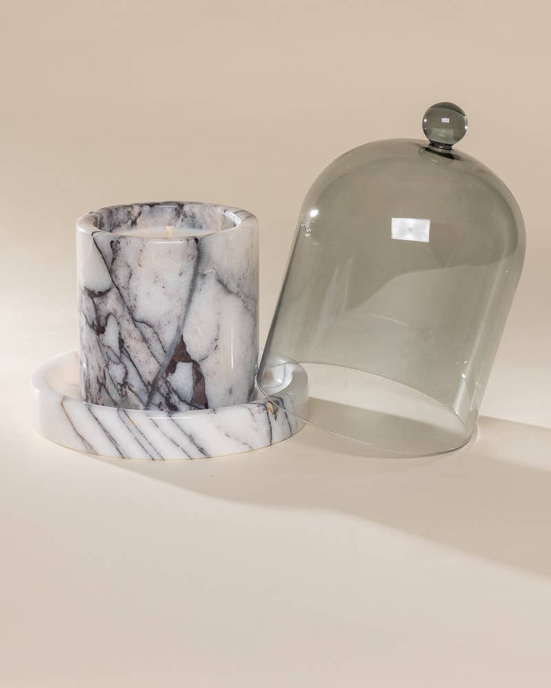 Snow Owl fog glass candle cloche on a marble base