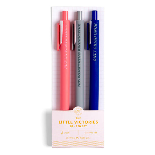 Little Victories gel pen set of 3 in its gift sleeve, with pink, gray and navy click pens