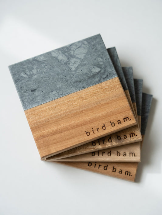 "Bird Bam" Engraved Marble & Wood Mahjong Coaster Set