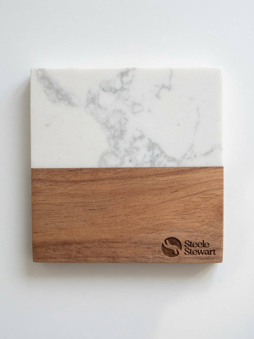 Custom Business Logo Engraved Marble & Wood Coaster Set