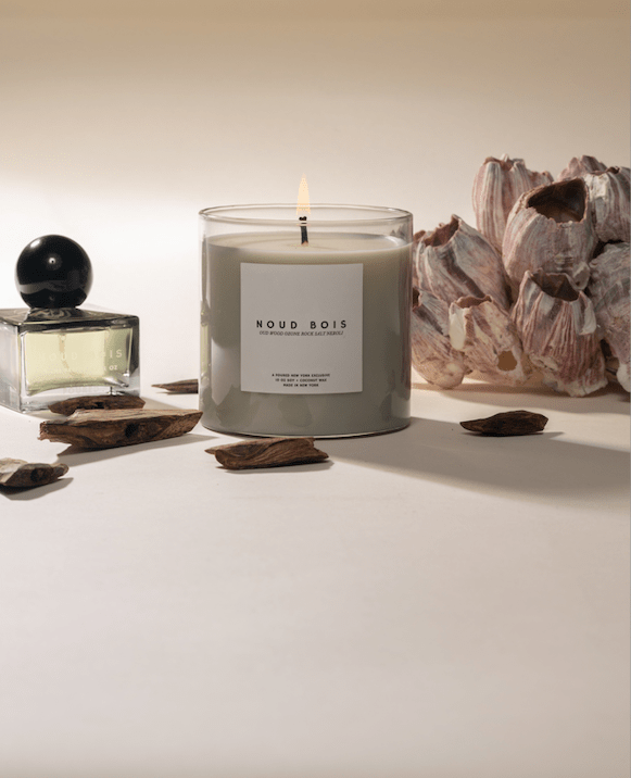 Noud Bois candle styled with a perfume bottle and rough mineral stones