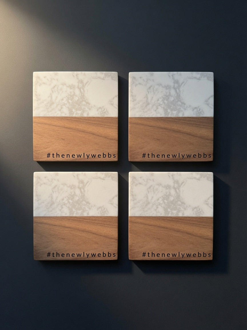 Personalized Wedding Hashtag Engraved Marble & Wood Coaster Set