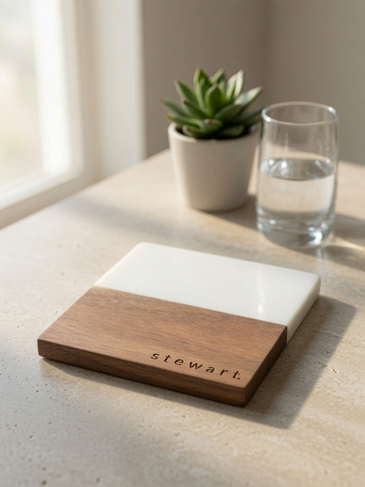 Personalized Last Name Marble & Wood Coaster Set