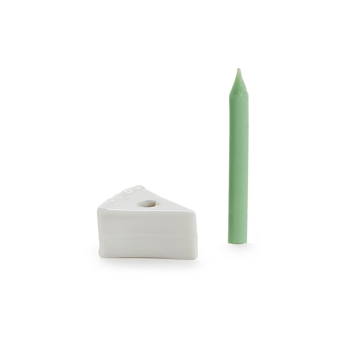 Porcelain cake slice candle holder and green wax candle