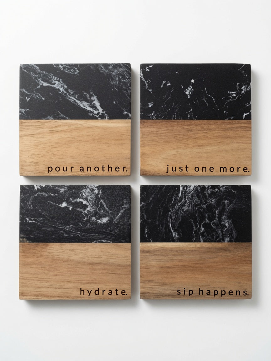 Host Engraved Marble & Wood Coaster Set