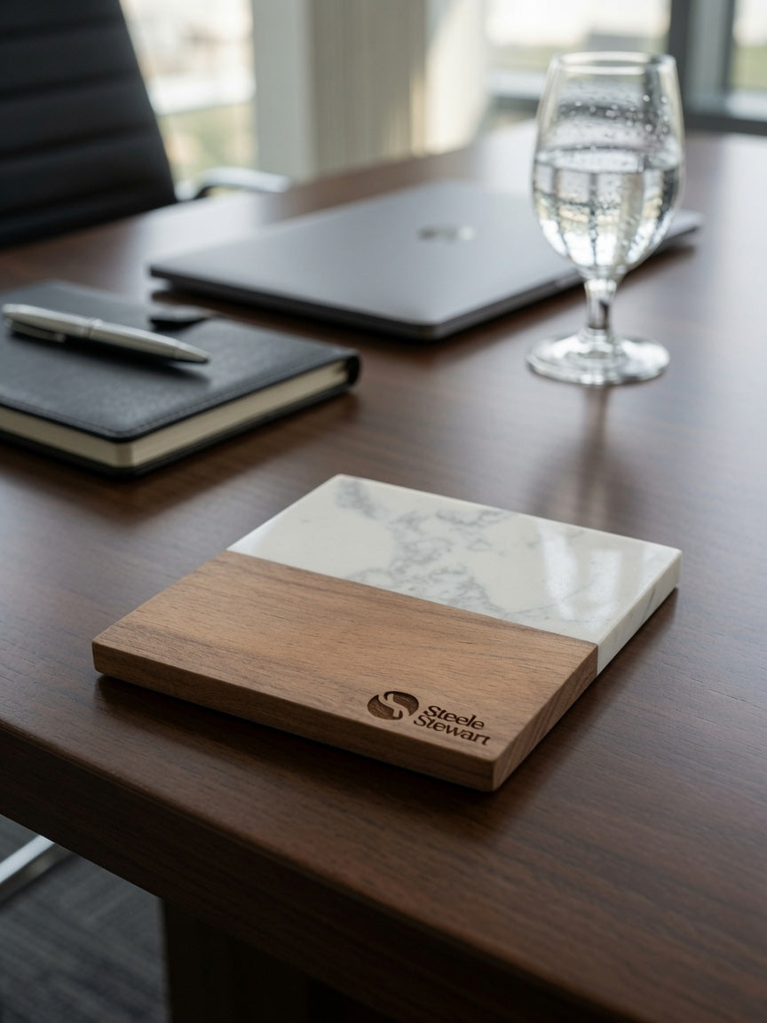 Custom Business Logo Engraved Marble & Wood Coaster Set