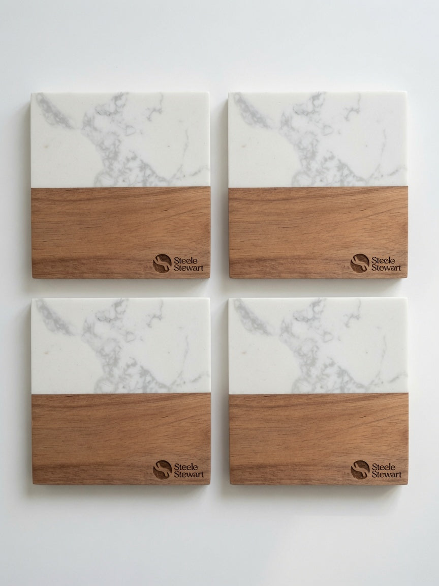 Custom Business Logo Engraved Marble & Wood Coaster Set