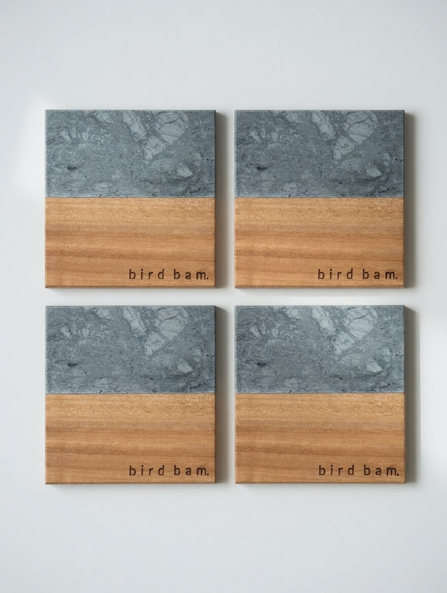 "Bird Bam" Engraved Marble & Wood Mahjong Coaster Set