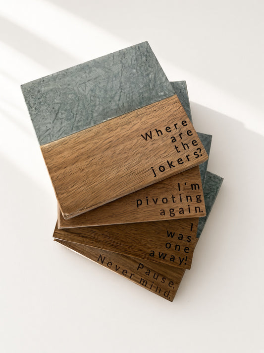 Funny mahjong sayings engraved marble and wood coasters, set of 4