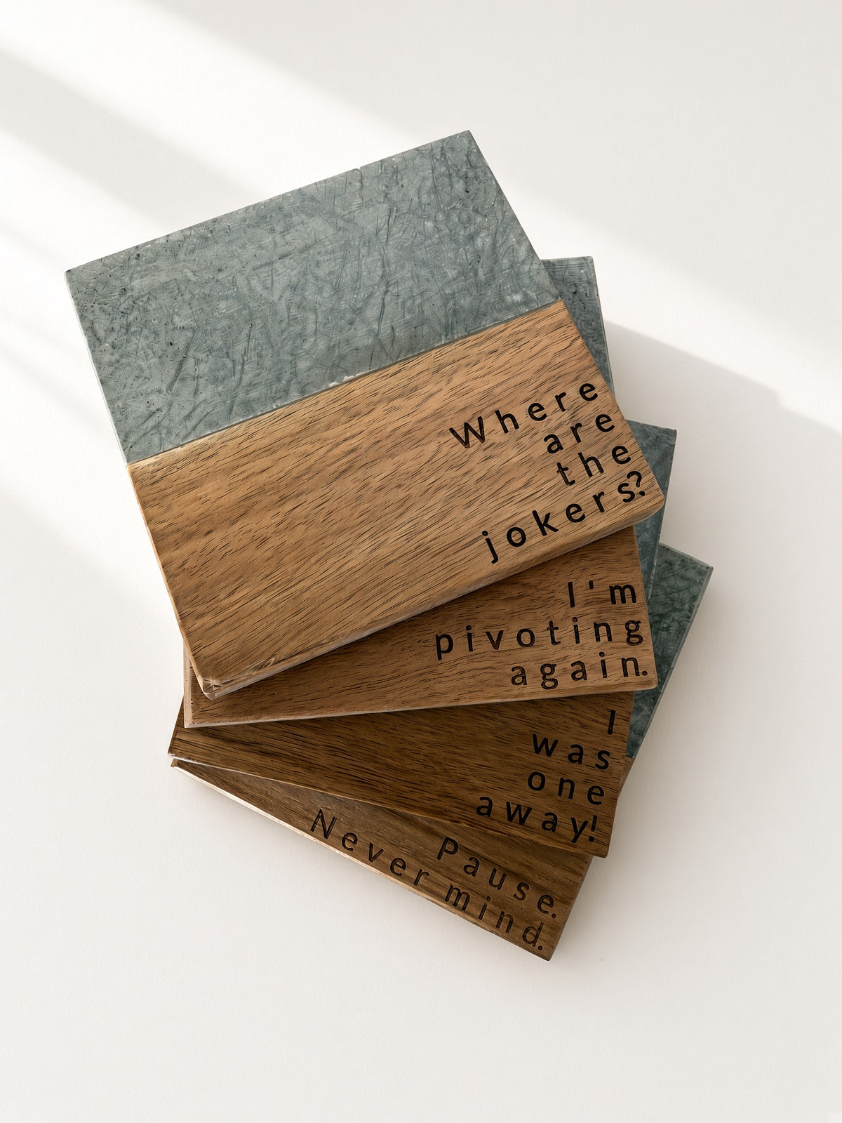 Funny Mahjong sayings engraved marble and wood coasters, set of 4