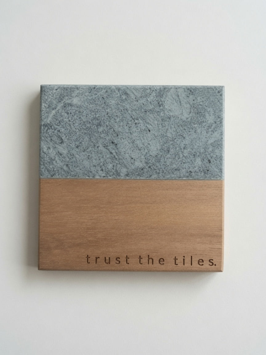 "Trust the Tiles" Mahjong Engraved Marble & Wood Coaster Set