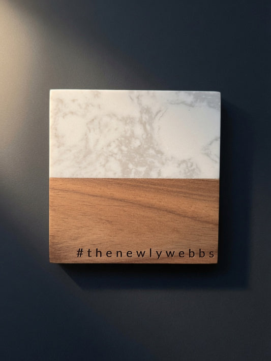 Personalized Wedding Hashtag Engraved Marble & Wood Coaster Set
