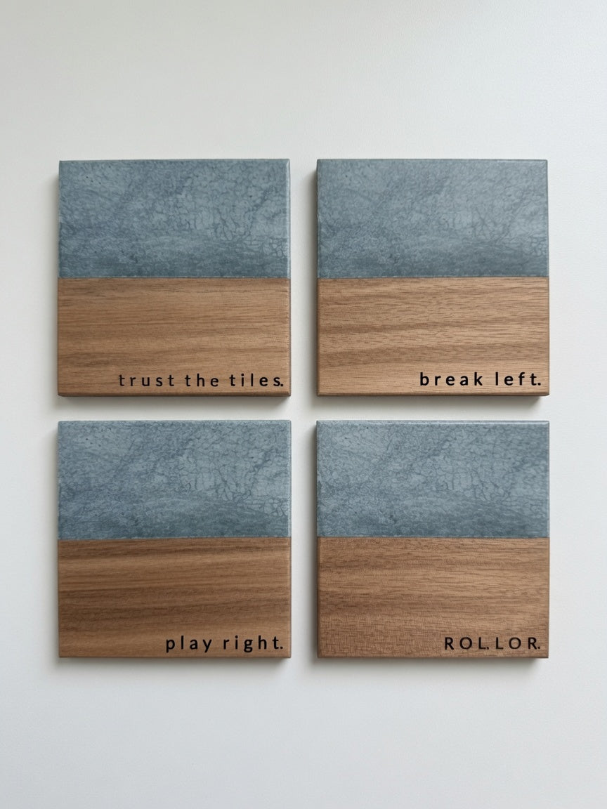 Mahjong Sayings Engraved Marble & Wood Coaster Set
