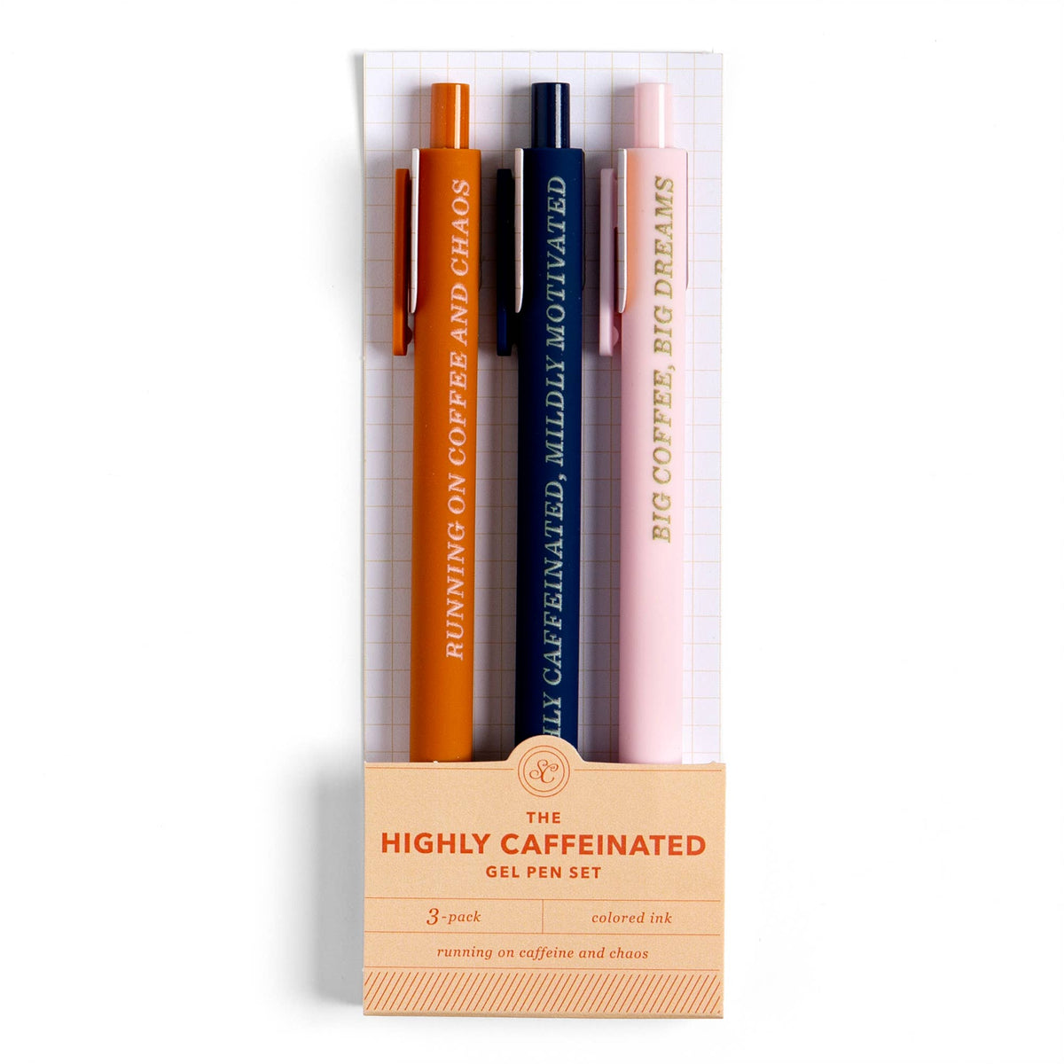 Highly Caffeinated gel pen set of 3 in its gift sleeve, with rust, navy and pale pink click pens