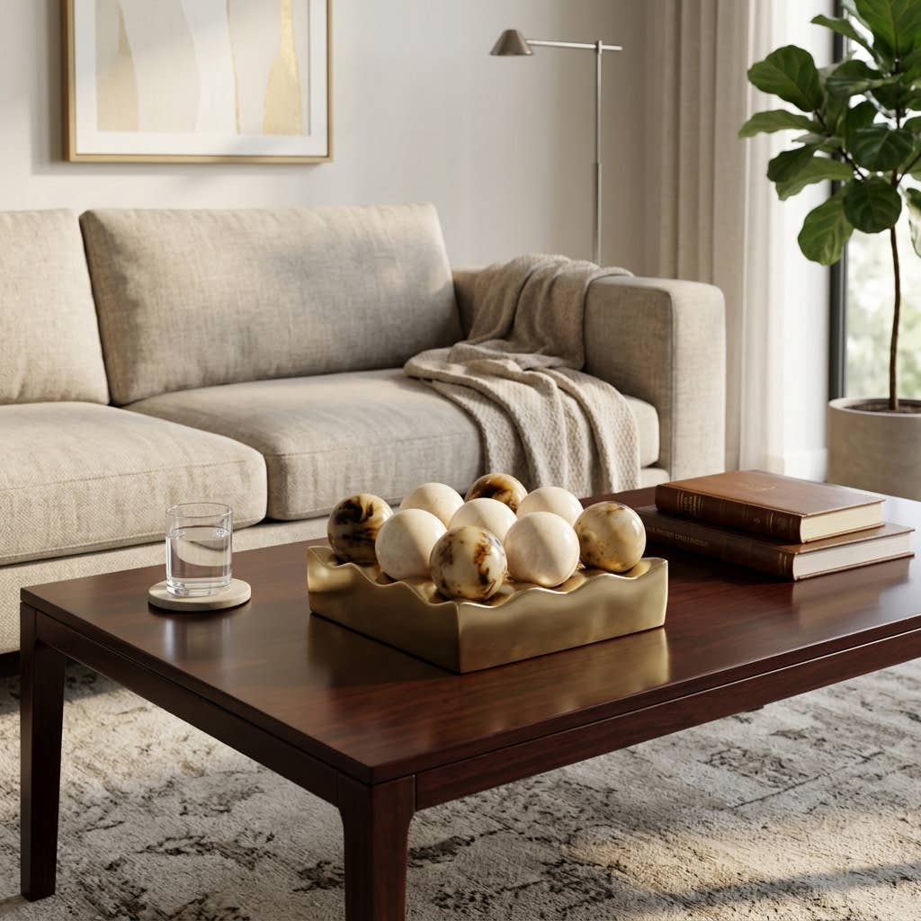 Gold and marble tic-tac-toe game on a dark wood coffee table in front of a cream sofa