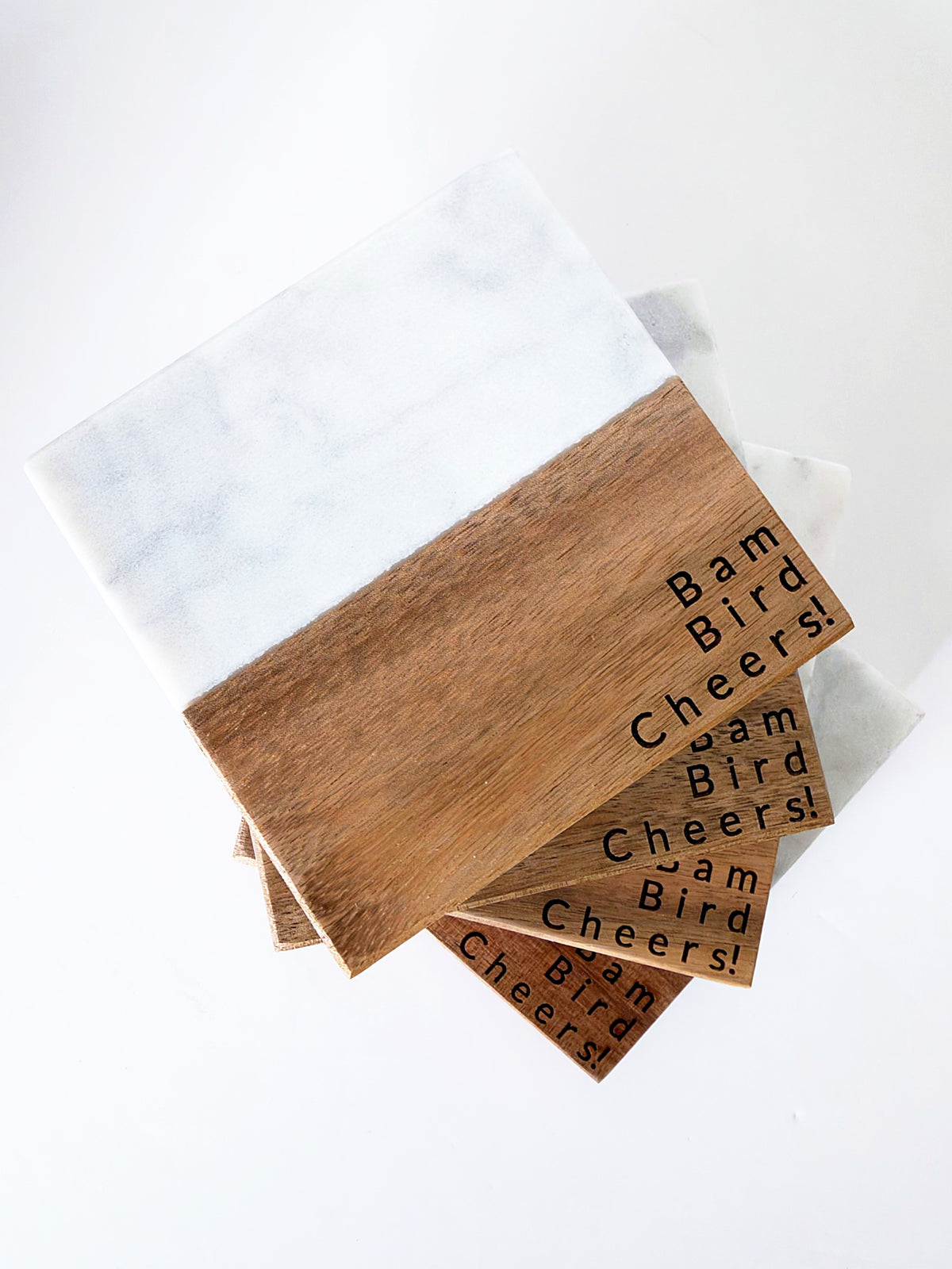 Bam Bird Cheers! Mahjong Coasters – Engraved Marble & Wood, Set of 4