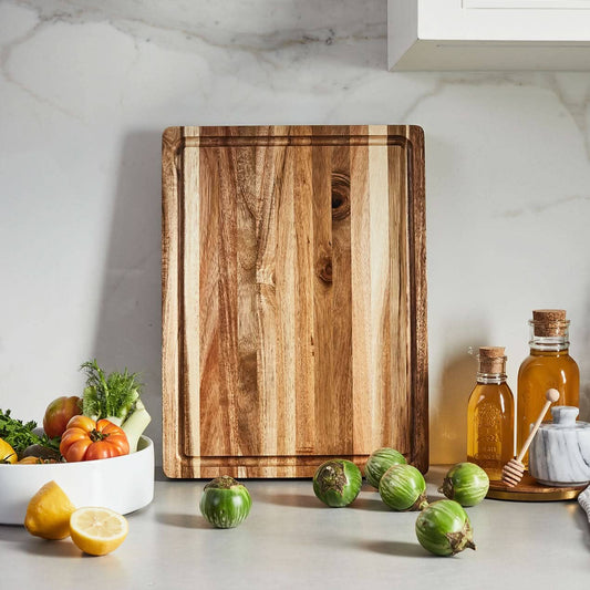 Thick acacia wood charcuterie board with juice groove, standing on a marble kitchen counter with lemons and honey