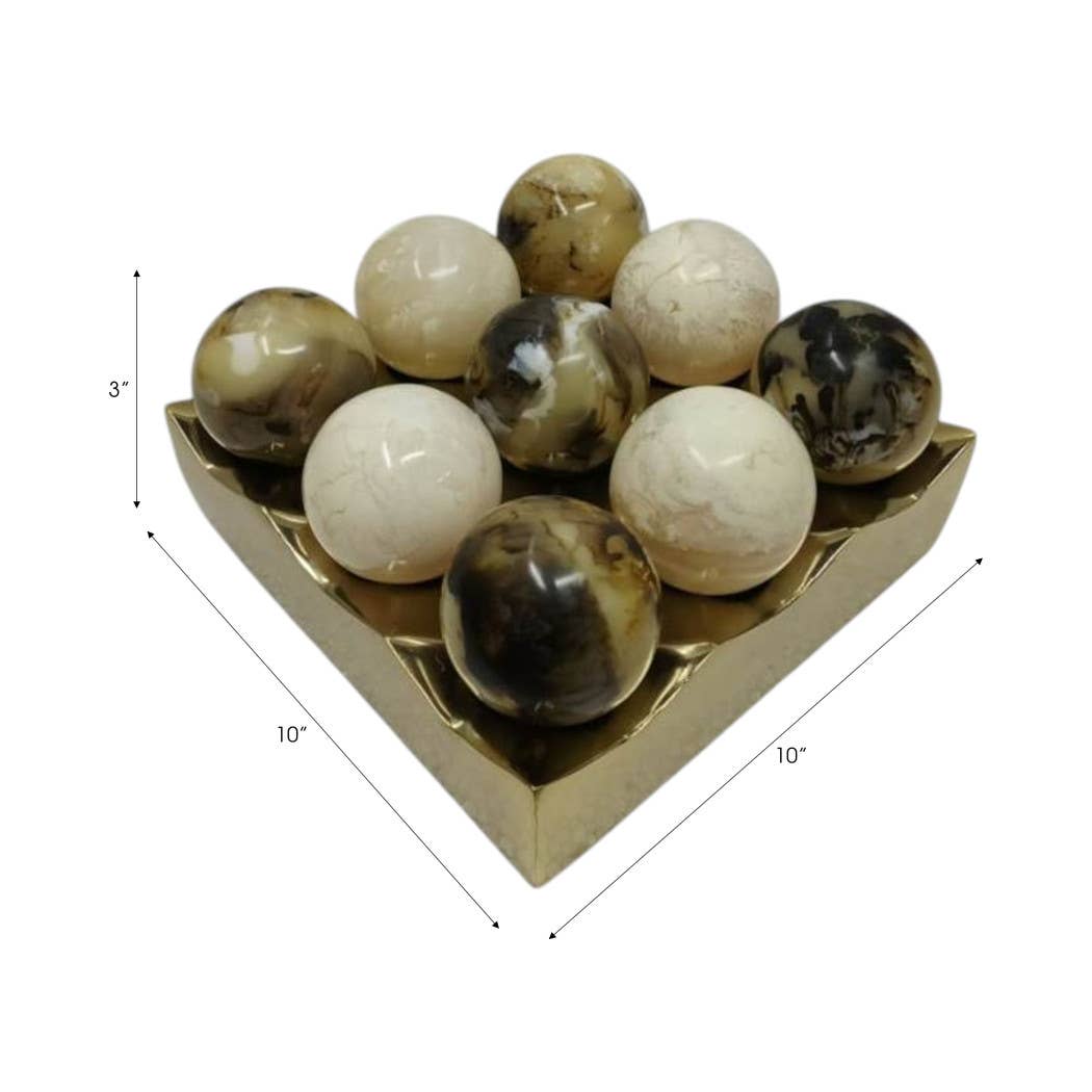 Gold tic-tac-toe tray with marble ball pieces shown with dimensions