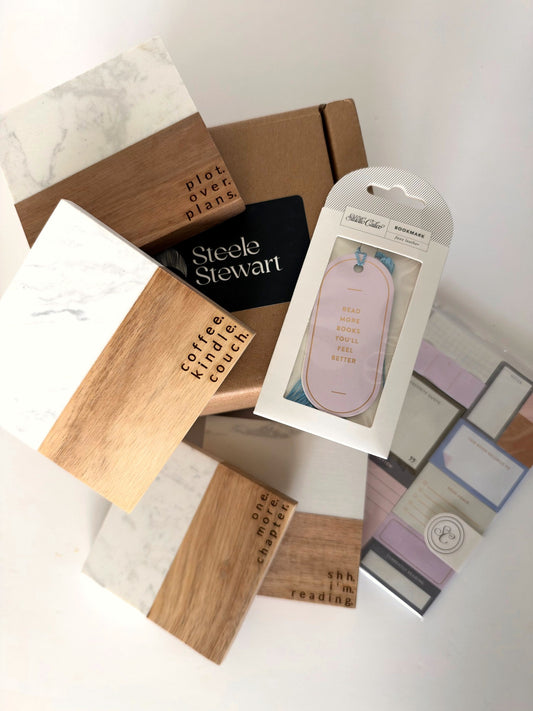 Book Lover gift set: four engraved marble and wood book lover coasters, Read More Books bookmark, reader sticky notes and Steele Stewart gift box