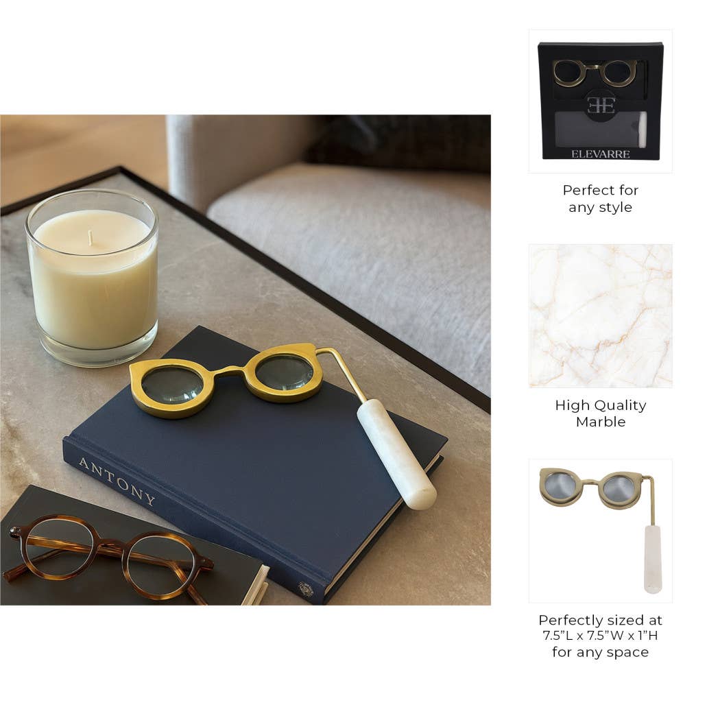 Gold and marble magnifying glass feature panel styled on a book with a candle