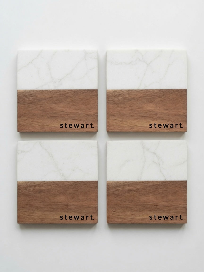 Personalized Last Name Marble & Wood Coaster Set