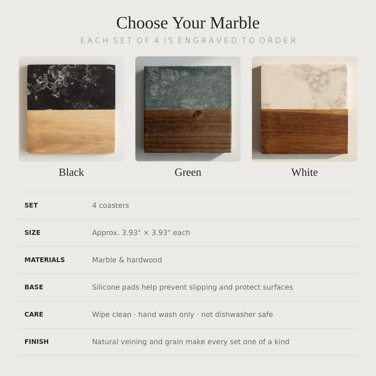 Marble color options in black, green, and white, with coaster size, materials, and care details