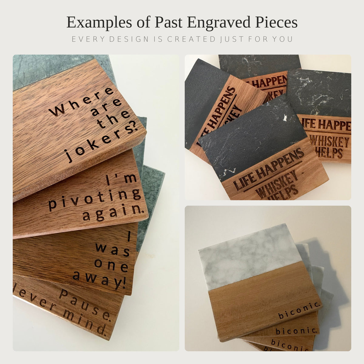 Examples of past custom engraved marble and wood coaster sets in green, black, and white