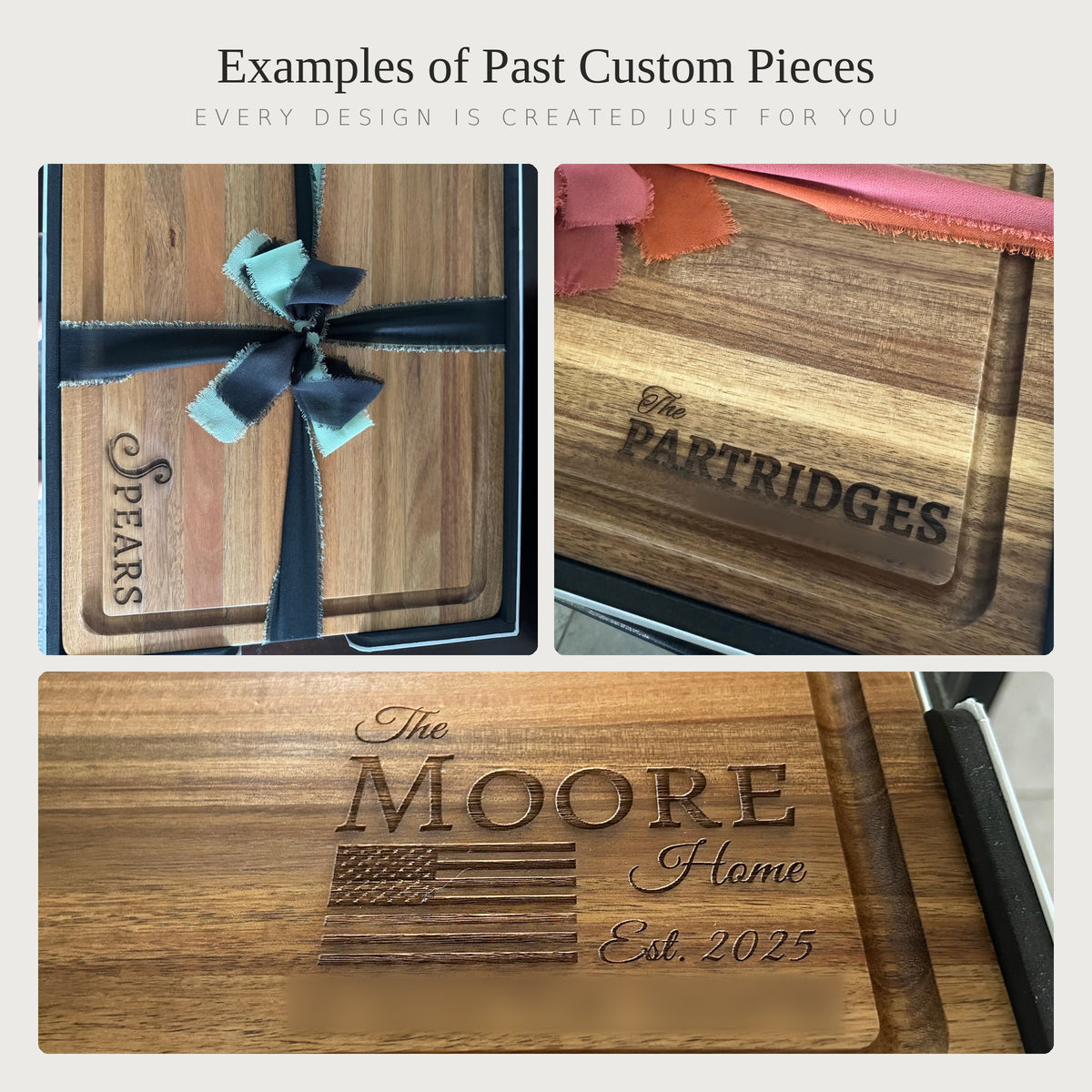 Examples of past custom engraved acacia boards with family names, monograms, and an American flag design