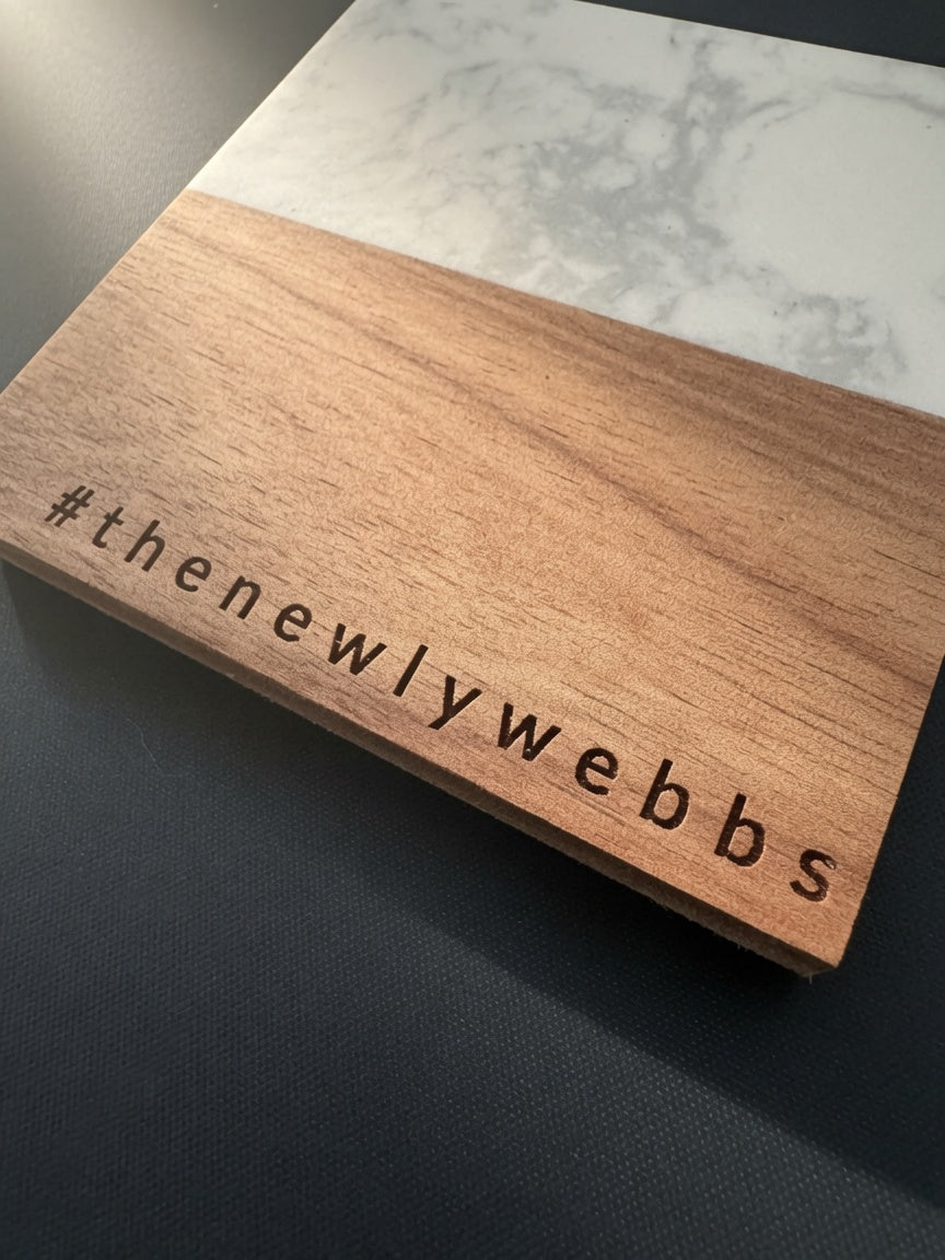 Personalized Wedding Hashtag Engraved Marble & Wood Coaster Set