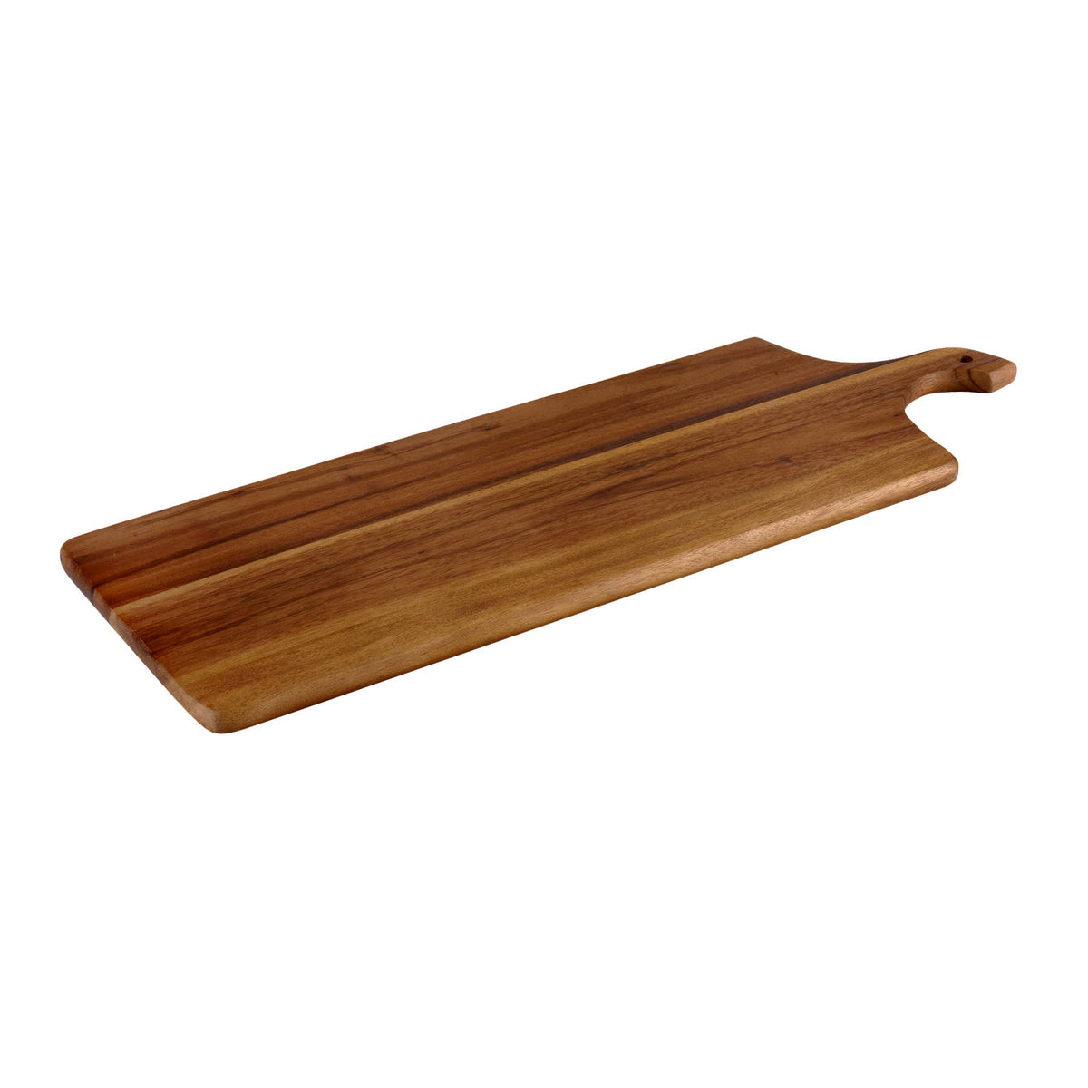 Extra long 26 x 9 inch acacia wood serving board with handle on a white background