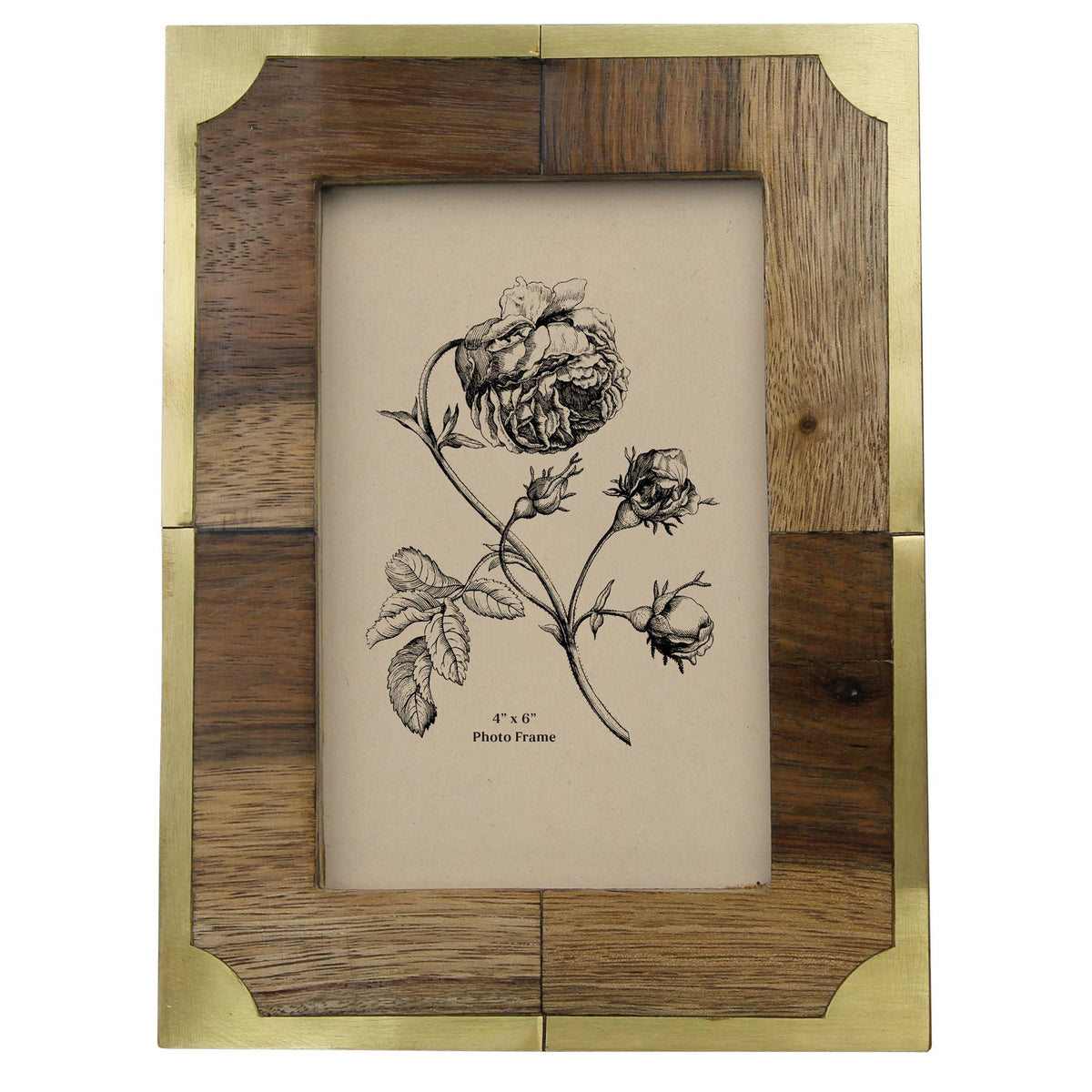 Teak wood 4x6 photo frame with brass corner accents holding a botanical print