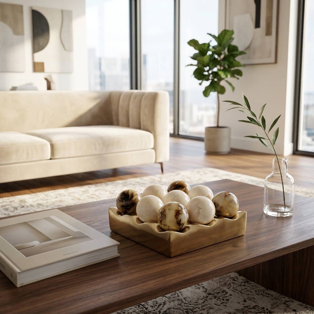 Gold and marble tic-tac-toe game styled on a wood coffee table in a bright living room