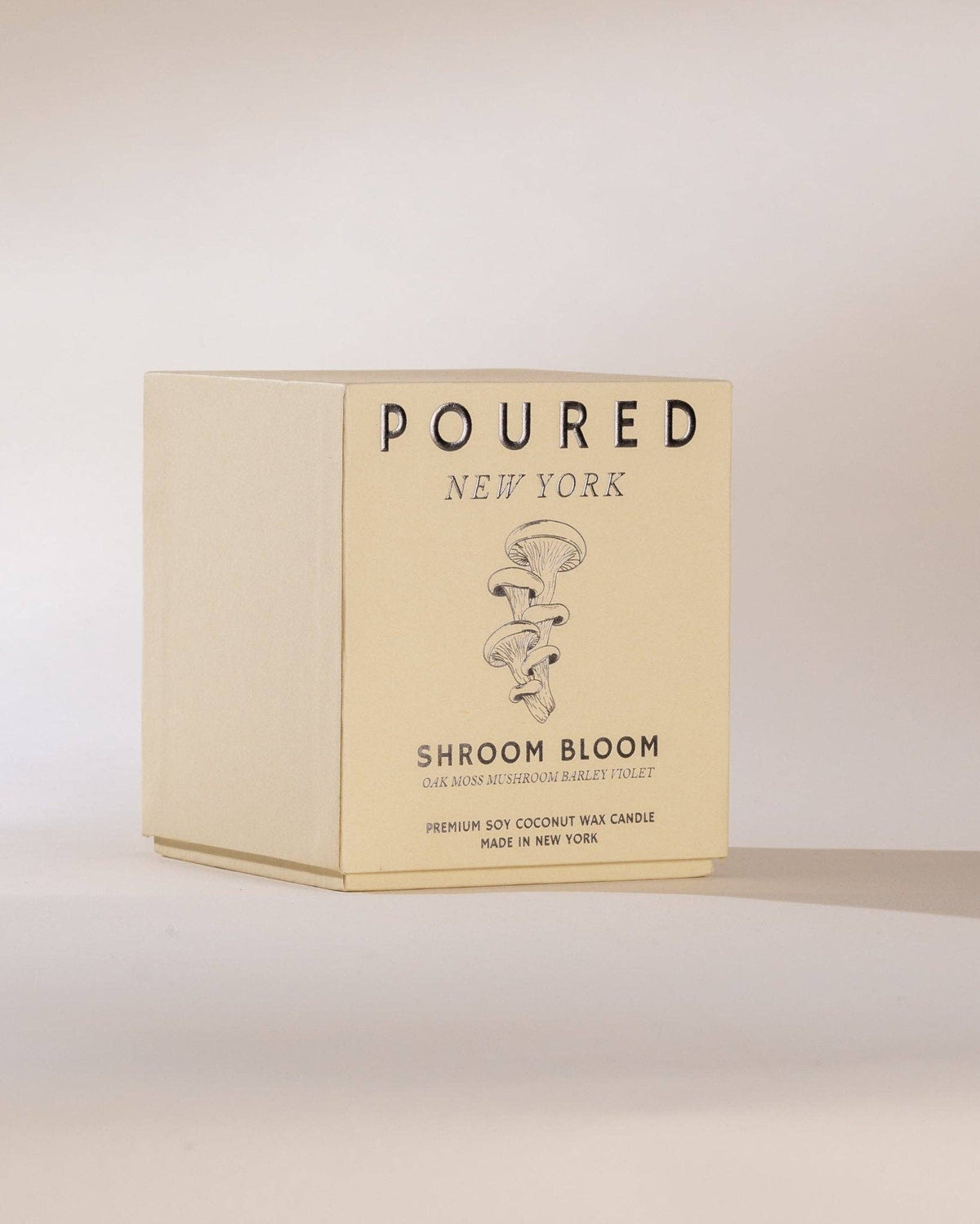 Cream Poured gift box for the Shroom Bloom candle with a botanical illustration