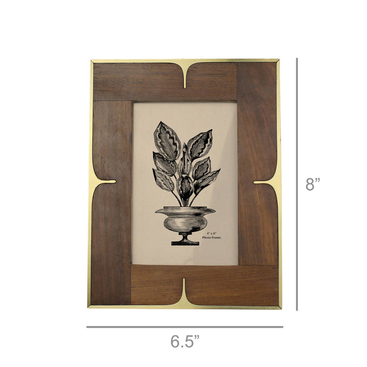 Wood and brass 4x6 photo frame shown with dimensions