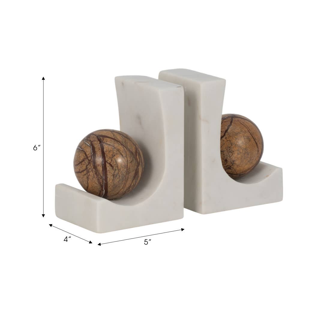 Pair of white marble bookends with brown marble spheres shown with dimensions