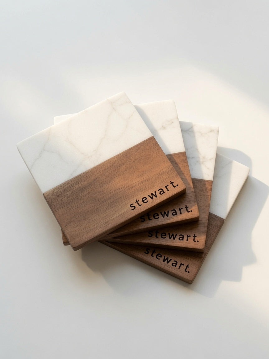 Personalized Last Name Marble & Wood Coaster Set