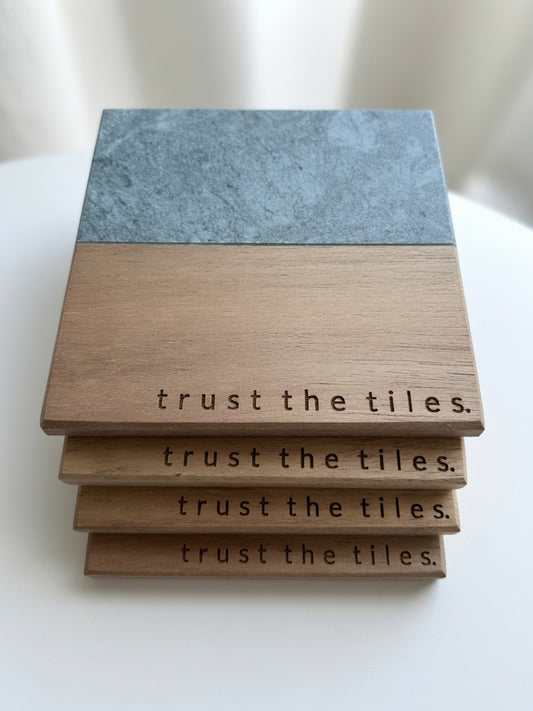 "Trust the Tiles" Mahjong Engraved Marble & Wood Coaster Set