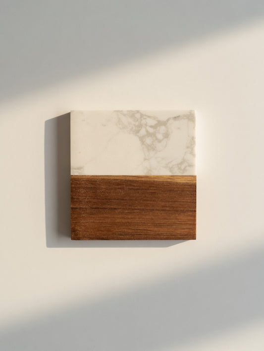 White marble and wood coaster, ready for a custom engraved design