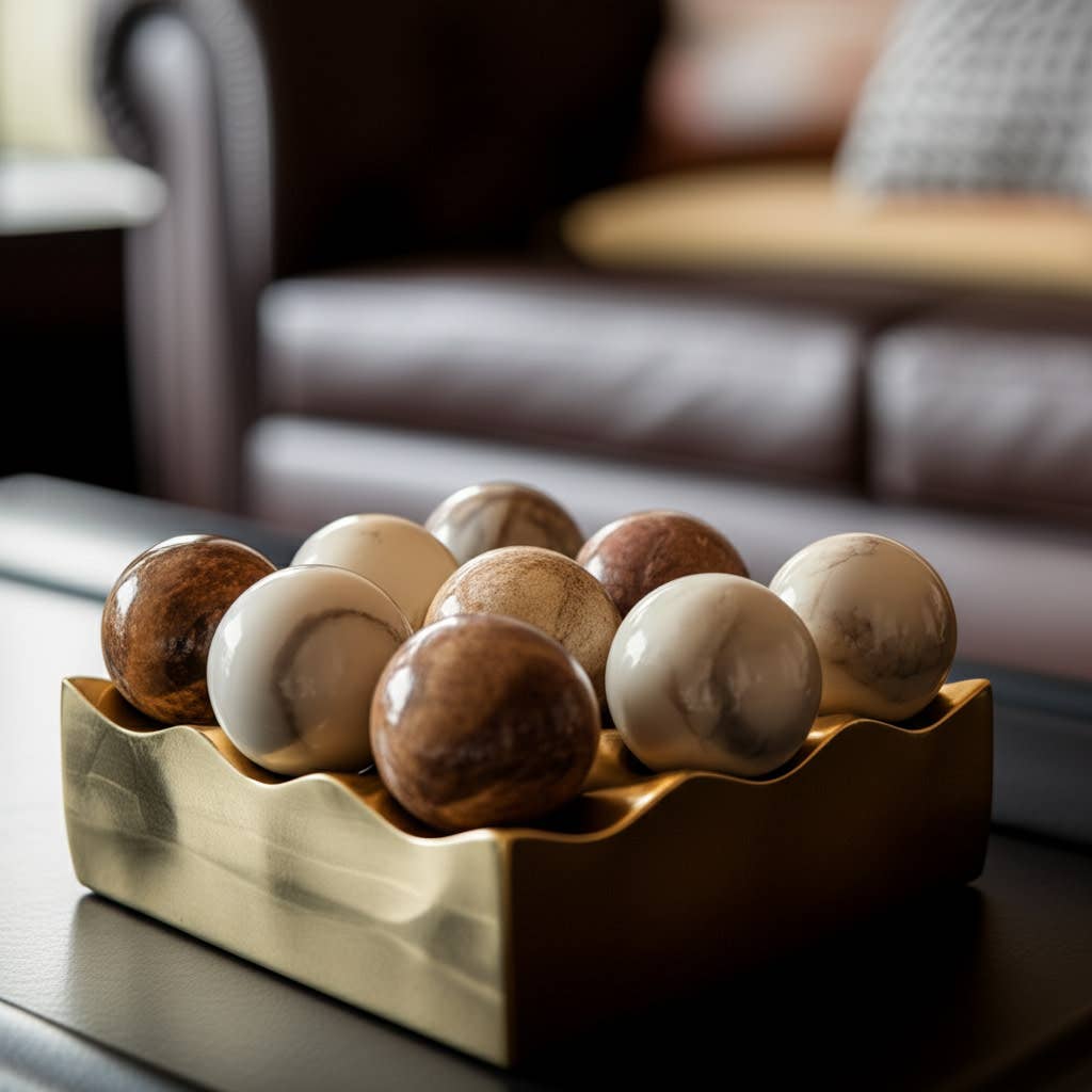 Gold metal tic-tac-toe tray holding brown and cream marble ball game pieces on a coffee table