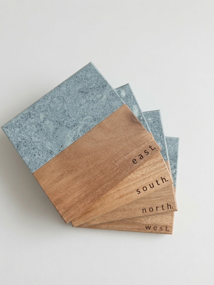 Mahjong Dealer/Winds Engraved Marble & Wood Coaster Set