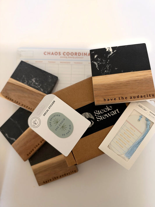 Have the Audacity gift set: four engraved black marble and wood have the audacity coasters, She Believed She Could sticker, You Are Anything But Weak bookmark, Chaos Coordinator planner and Steele Stewart gift box